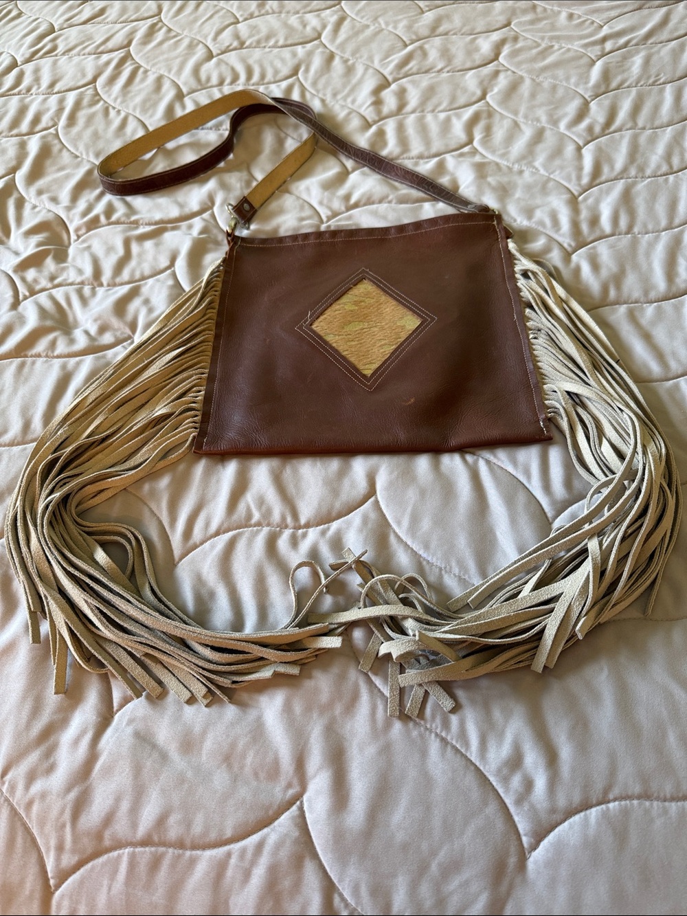 Brown Leather Fringe Crossbody Bag with Cream Fringe